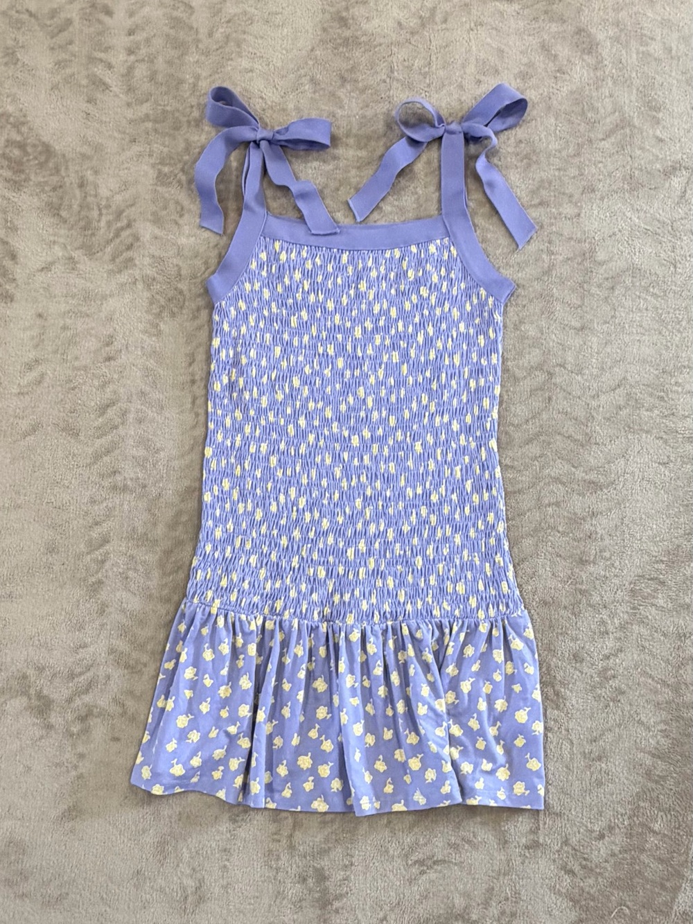 French Connection Purple Floral Smocked Tie Strap Mini Dress Size M Festival